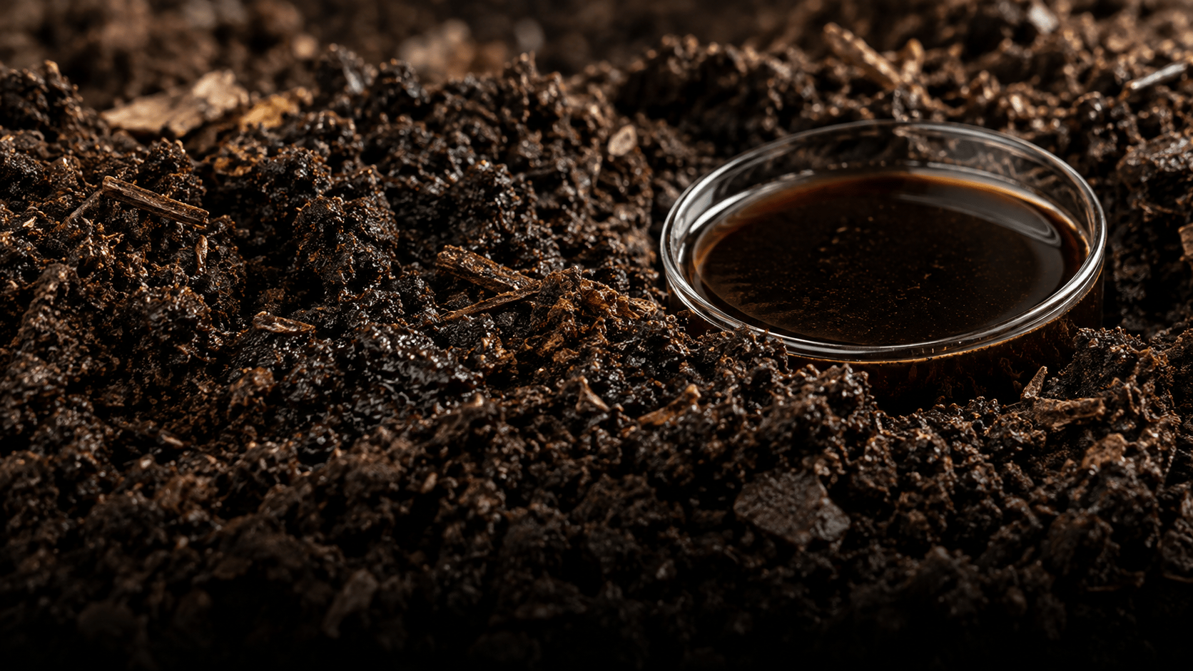 Dark humic-rich organic soil with a dish of fulvic extract