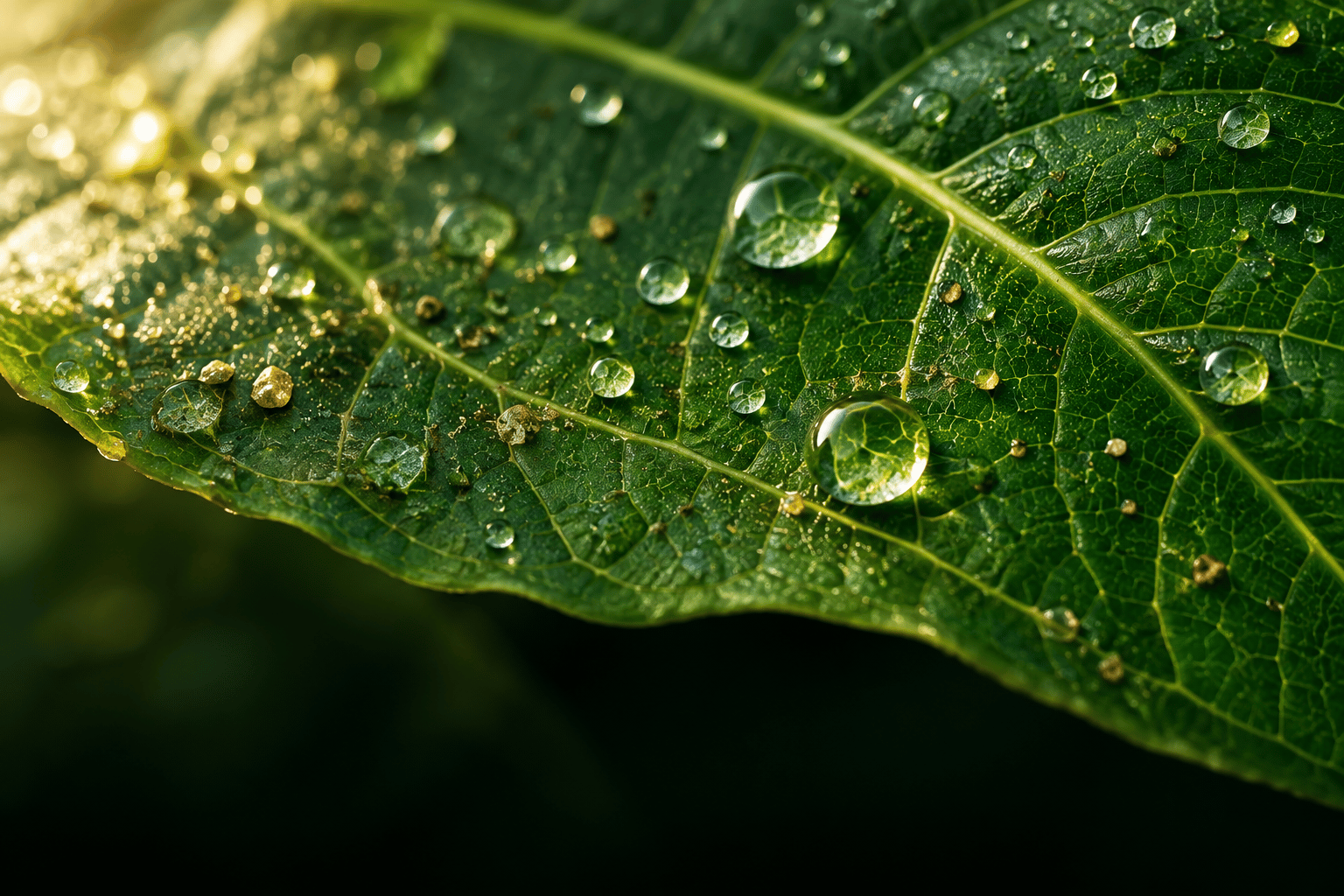 Detailed green leaf surface with visible veins and droplets
