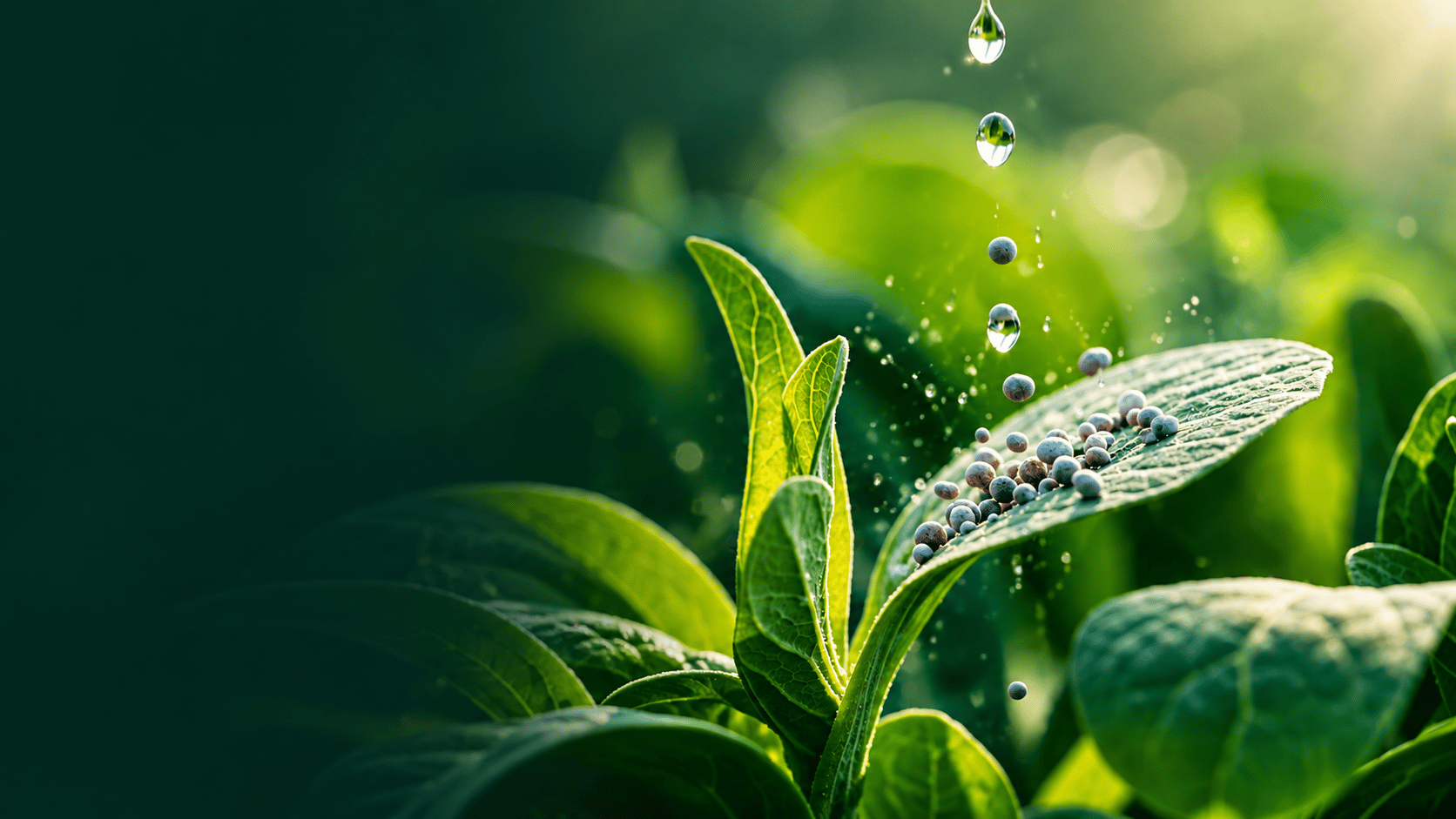 Green leaves with plant-nutrition granules and falling water droplets