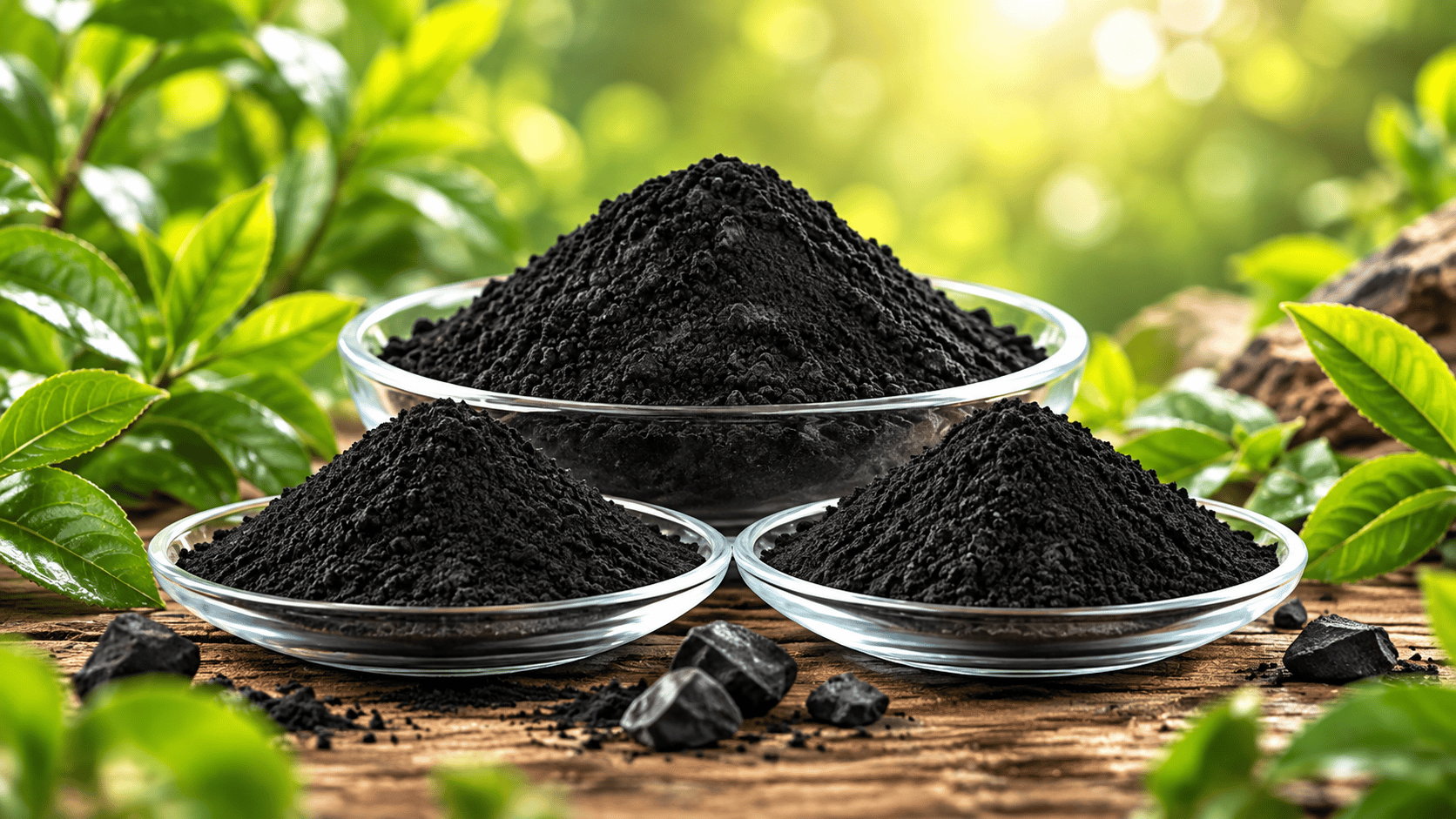 Humic acid powder displayed in glass dishes