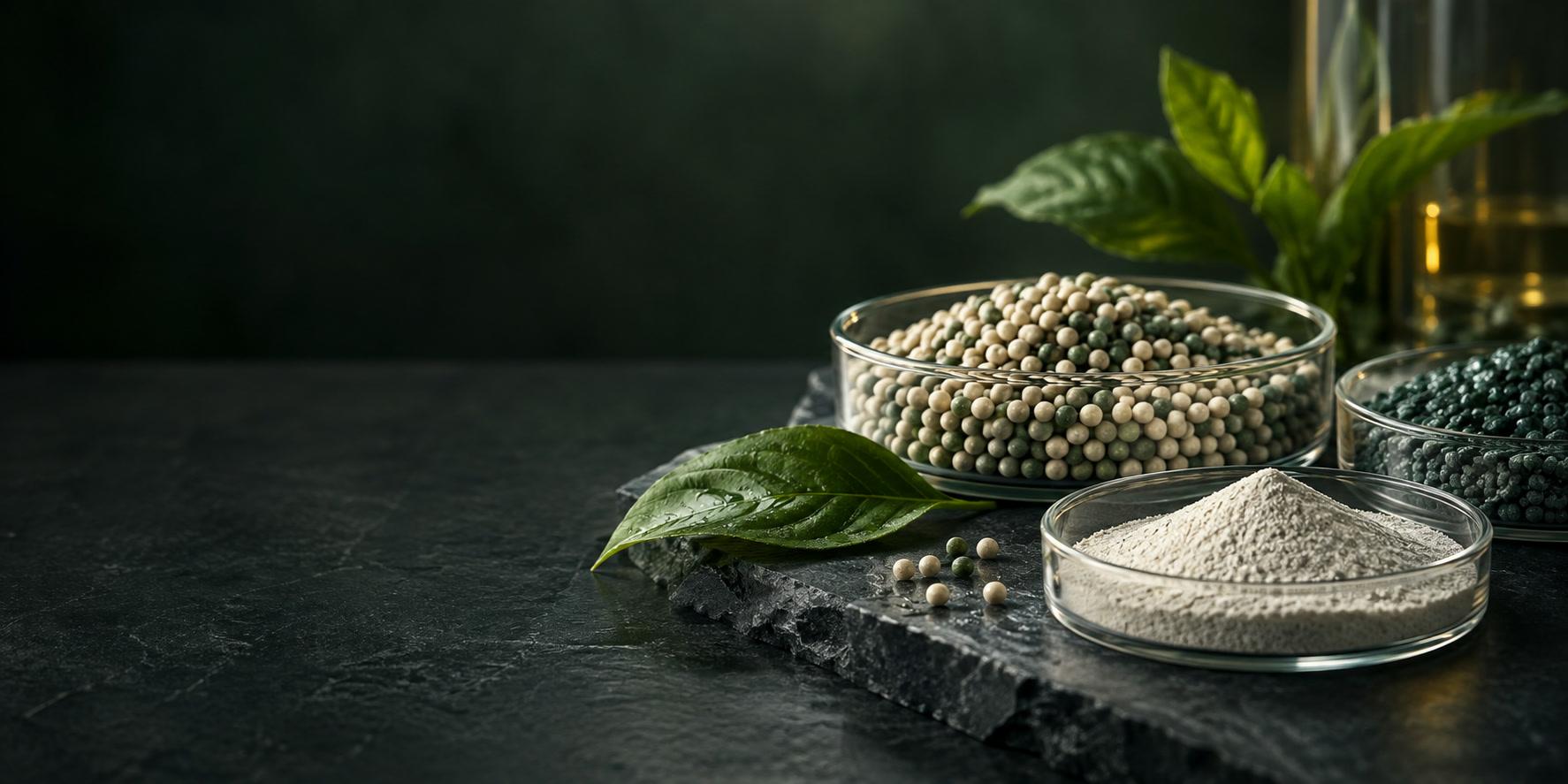 Agricultural input granules and a leaf sample arranged for quality review